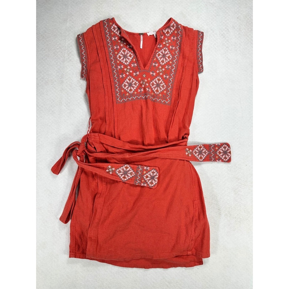 Free People Coral Embroidered Boho Mini Wrap Dress Belted Cotton Womens Small S